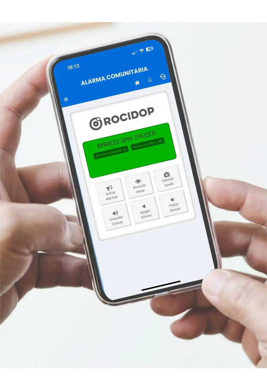 App de la Alarma Comunitaria de Rocidop en un celular